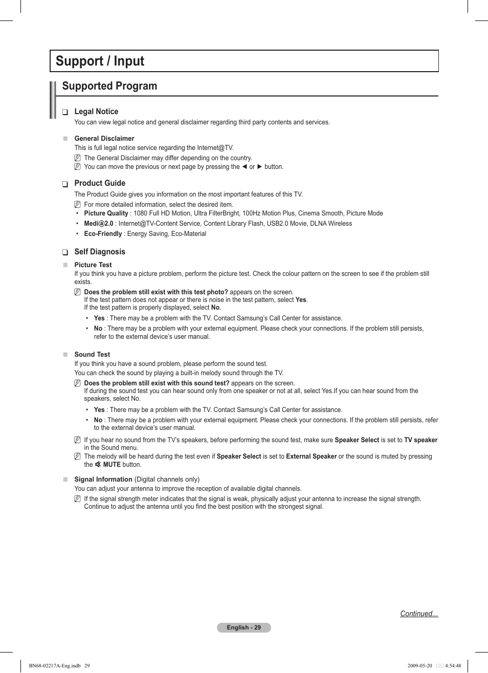 Support / input, Supported program | Samsung PS50B679S1S User Manual | Page 29 / 339