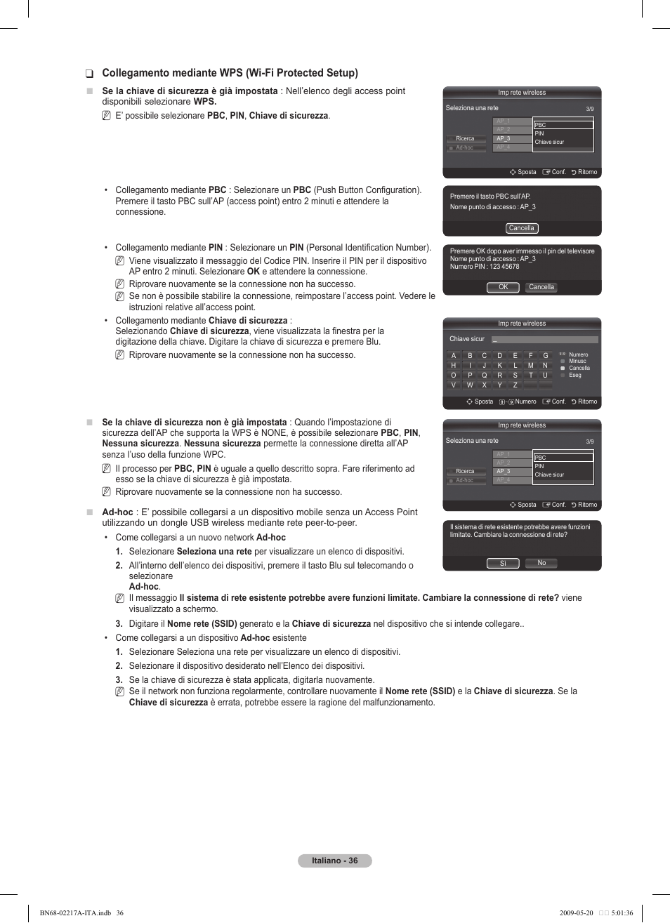 Collegamento mediante wps (wi-fi protected setup) | Samsung PS50B679S1S User Manual | Page 291 / 339