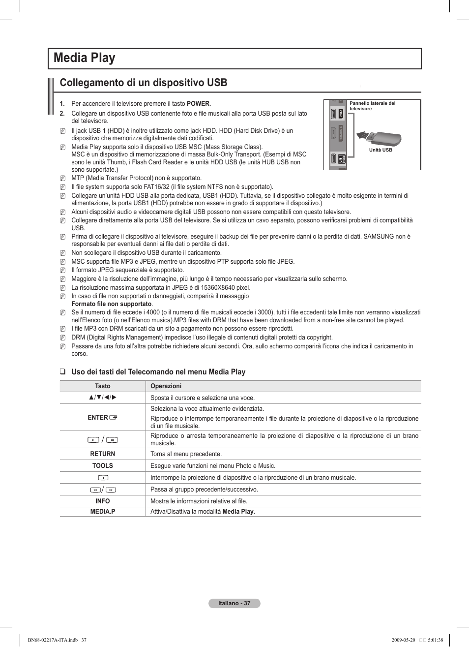Media play, Collegamento di un dispositivo usb, Uso dei tasti del telecomando nel menu media play | Samsung PS50B679S1S User Manual | Page 292 / 339