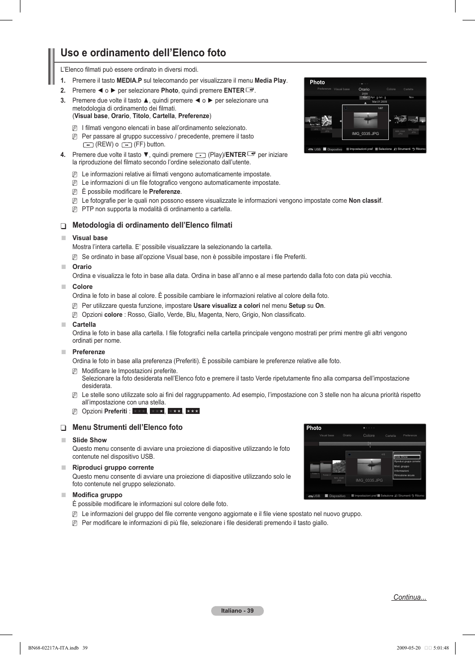 Uso e ordinamento dell’elenco foto, Metodologia di ordinamento dell’elenco filmati, Menu strumenti dell’elenco foto | Continua | Samsung PS50B679S1S User Manual | Page 294 / 339