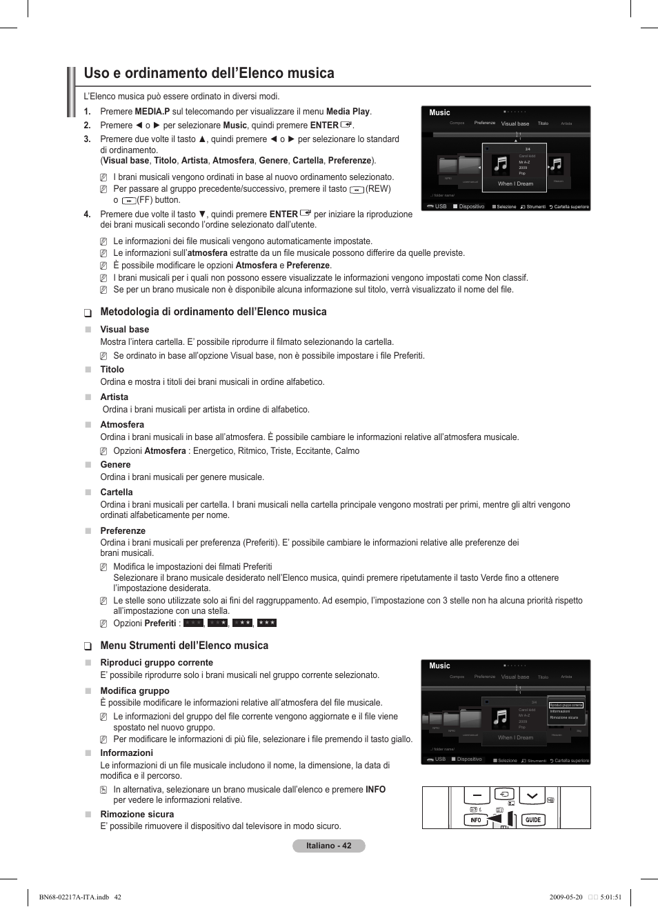 Uso e ordinamento dell’elenco musica, Metodologia di ordinamento dell’elenco musica, Menu strumenti dell’elenco musica | Samsung PS50B679S1S User Manual | Page 297 / 339