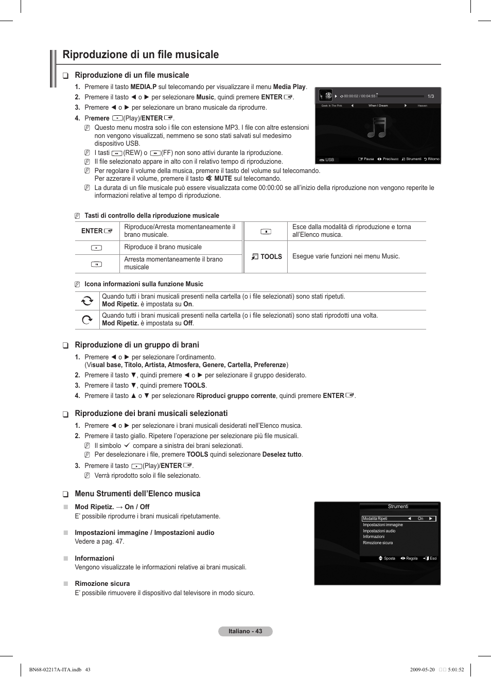 Riproduzione di un file musicale, Riproduzione di un gruppo di brani, Riproduzione dei brani musicali selezionati | Menu strumenti dell’elenco musica | Samsung PS50B679S1S User Manual | Page 298 / 339