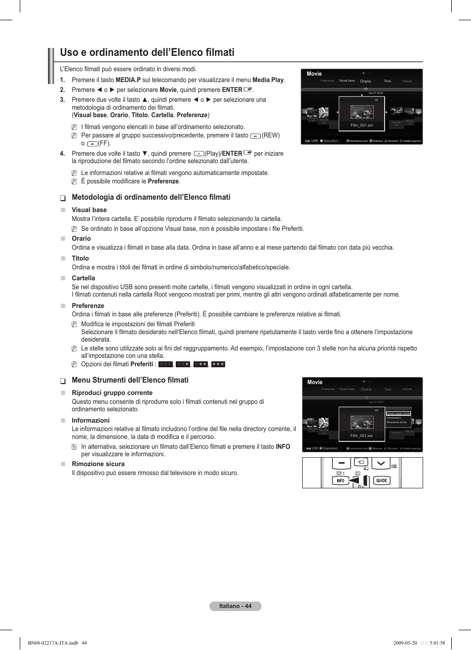 Uso e ordinamento dell’elenco filmati, Metodologia di ordinamento dell’elenco filmati, Menu strumenti dell’elenco filmati | Samsung PS50B679S1S User Manual | Page 299 / 339