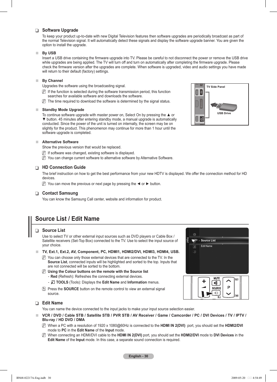 Source list / edit name | Samsung PS50B679S1S User Manual | Page 30 / 339