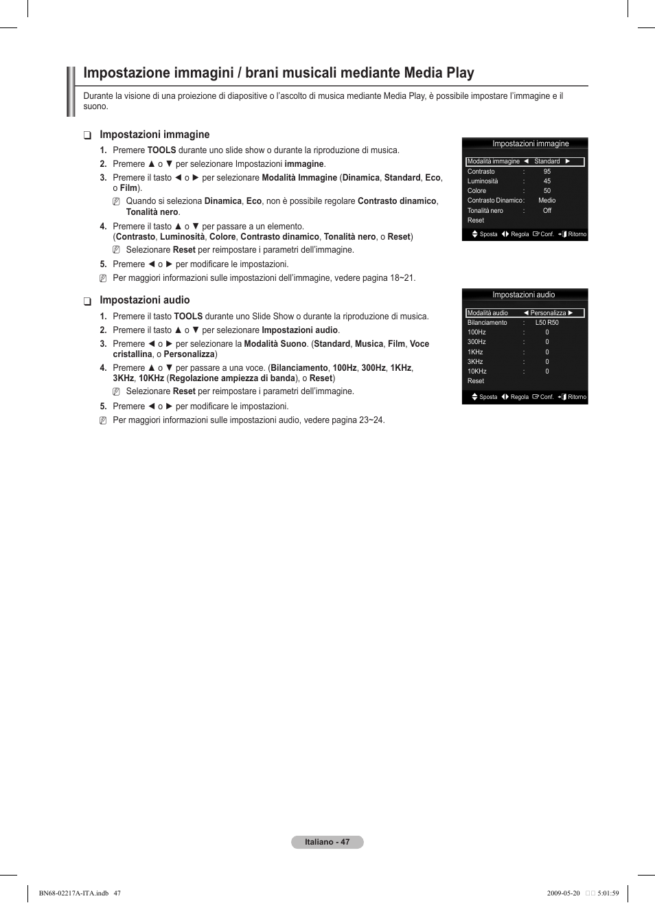 Impostazioni immagine, Impostazioni audio | Samsung PS50B679S1S User Manual | Page 302 / 339