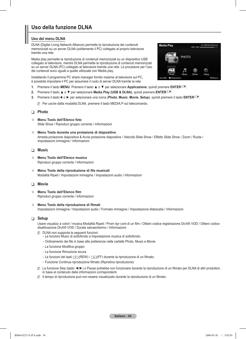 Uso della funzione dlna, Photo, Music | Movie, Setup | Samsung PS50B679S1S User Manual | Page 309 / 339