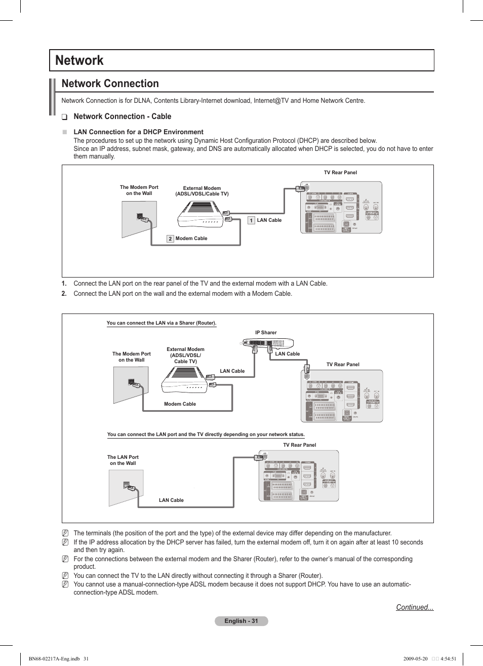 Network, Network connection, Network connection - cable | Samsung PS50B679S1S User Manual | Page 31 / 339