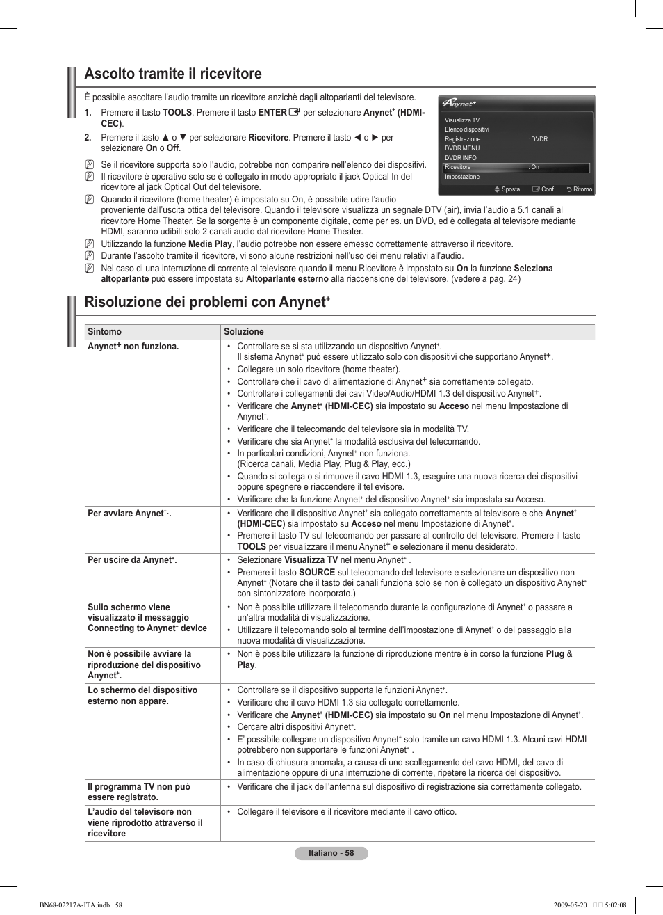 Ascolto tramite il ricevitore, Risoluzione dei problemi con anynet | Samsung PS50B679S1S User Manual | Page 313 / 339