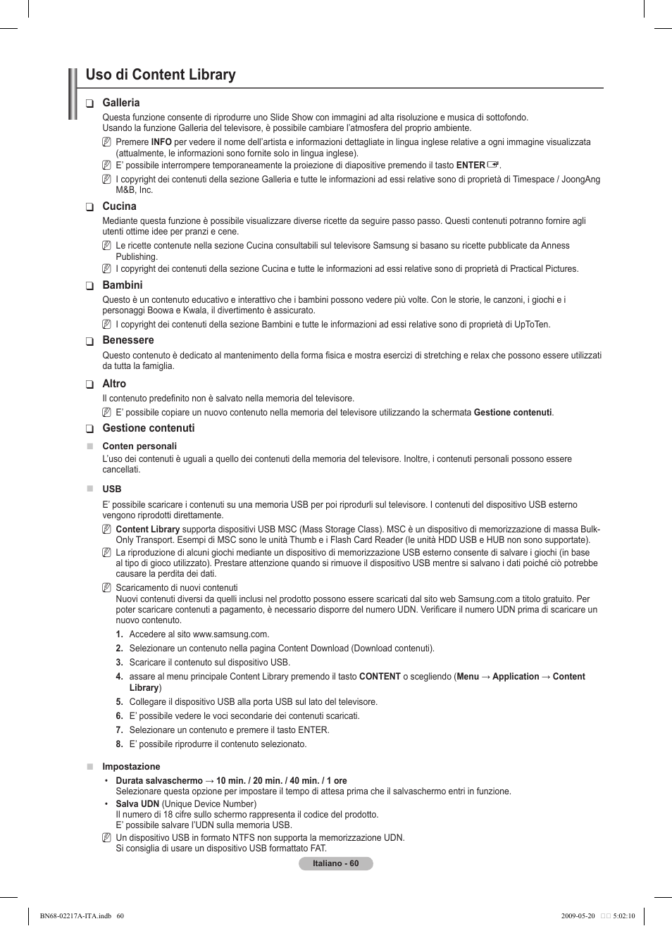 Uso di content library | Samsung PS50B679S1S User Manual | Page 315 / 339