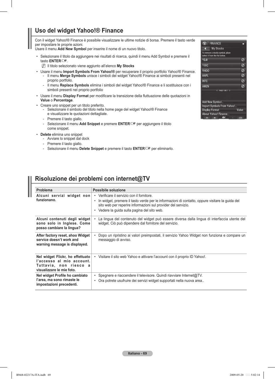 Uso del widget yahoo!® finance, Risoluzione dei problemi con internet@tv | Samsung PS50B679S1S User Manual | Page 324 / 339