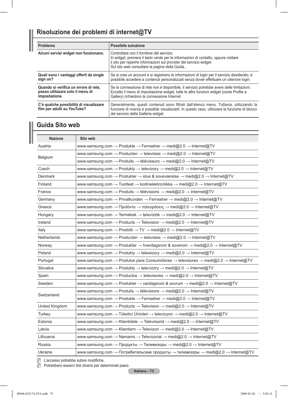 Risoluzione dei problemi di internet@tv, Guida sito web | Samsung PS50B679S1S User Manual | Page 328 / 339