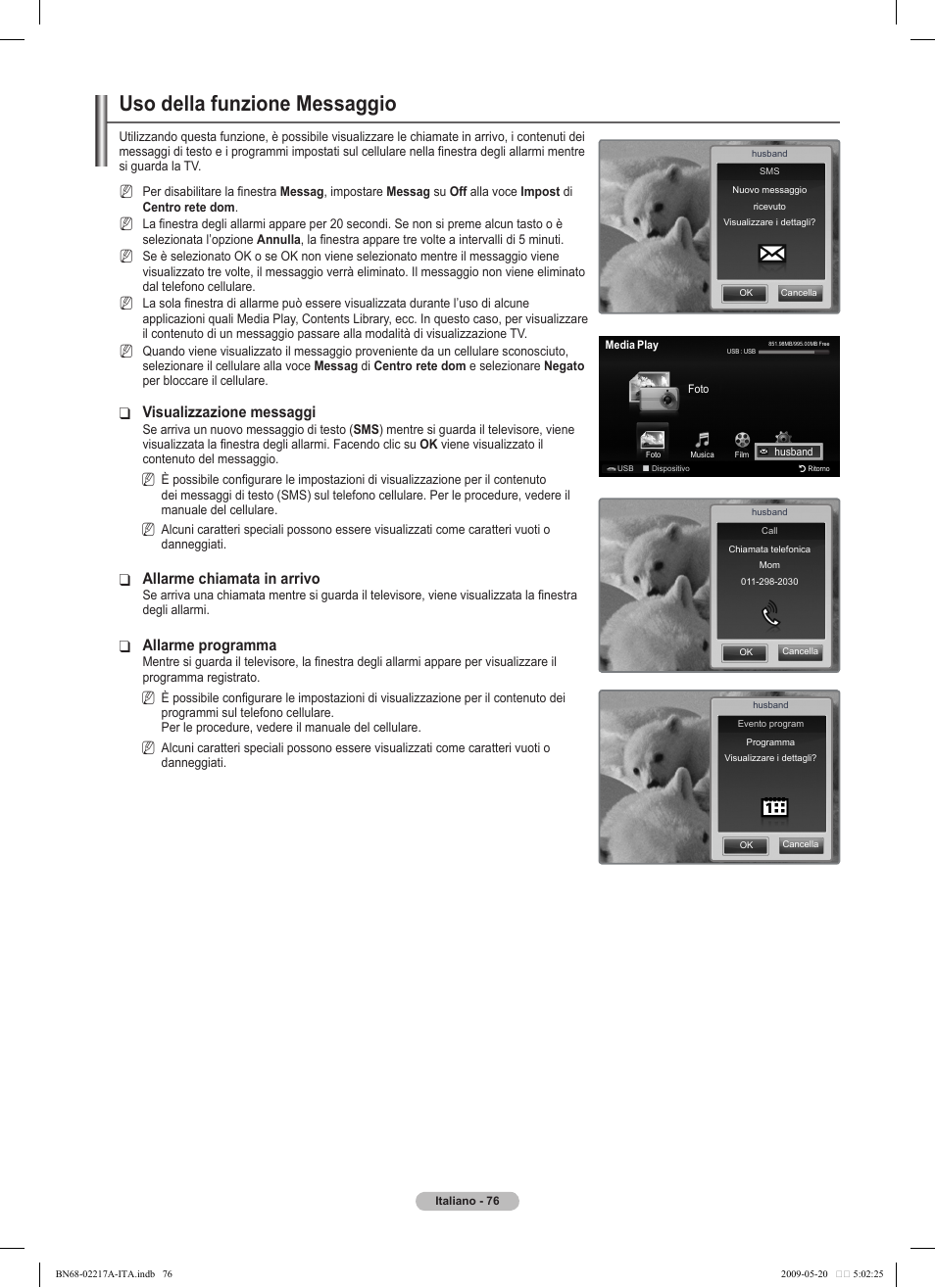 Uso della funzione messaggio, Visualizzazione messaggi, Allarme chiamata in arrivo | Allarme programma | Samsung PS50B679S1S User Manual | Page 331 / 339