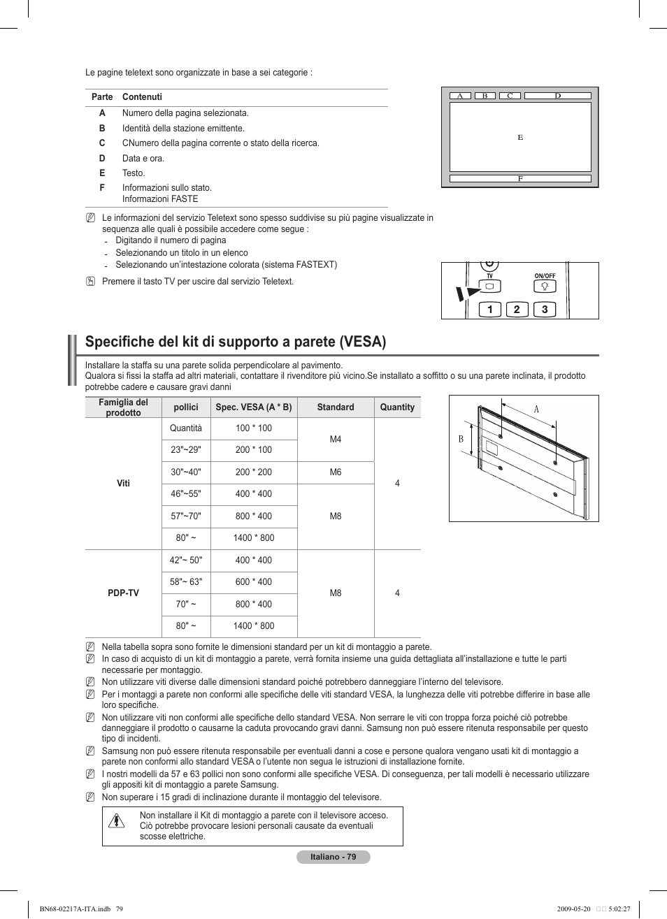 Specifiche del kit di supporto a parete (vesa) | Samsung PS50B679S1S User Manual | Page 334 / 339