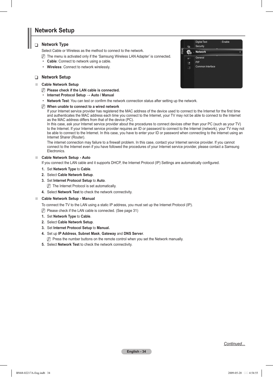 Network setup | Samsung PS50B679S1S User Manual | Page 34 / 339