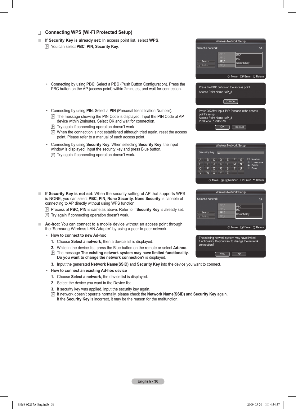 Connecting wps (wi-fi protected setup) | Samsung PS50B679S1S User Manual | Page 36 / 339