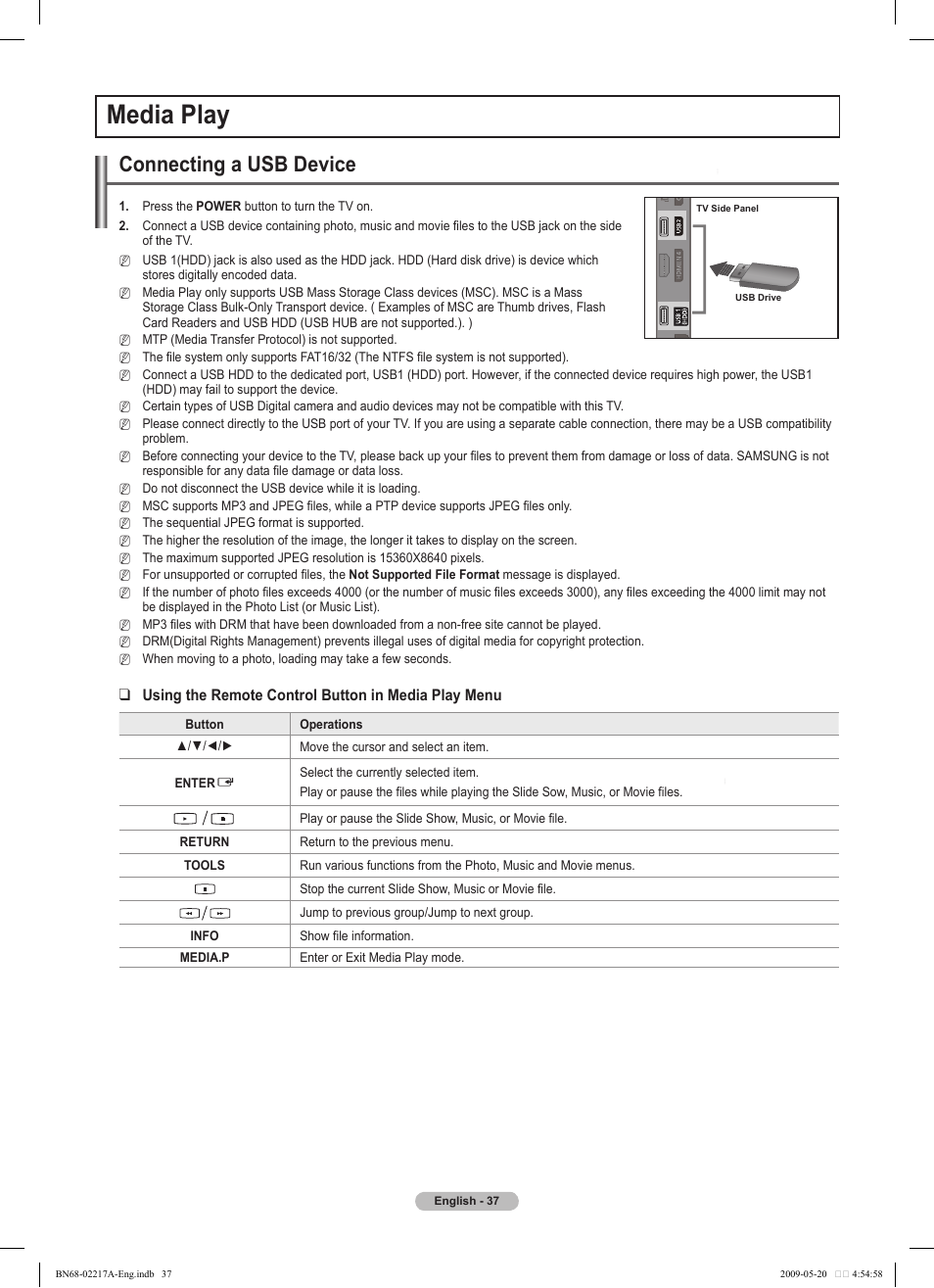 Media play, Connecting a usb device, Using the remote control button in media play menu | Samsung PS50B679S1S User Manual | Page 37 / 339