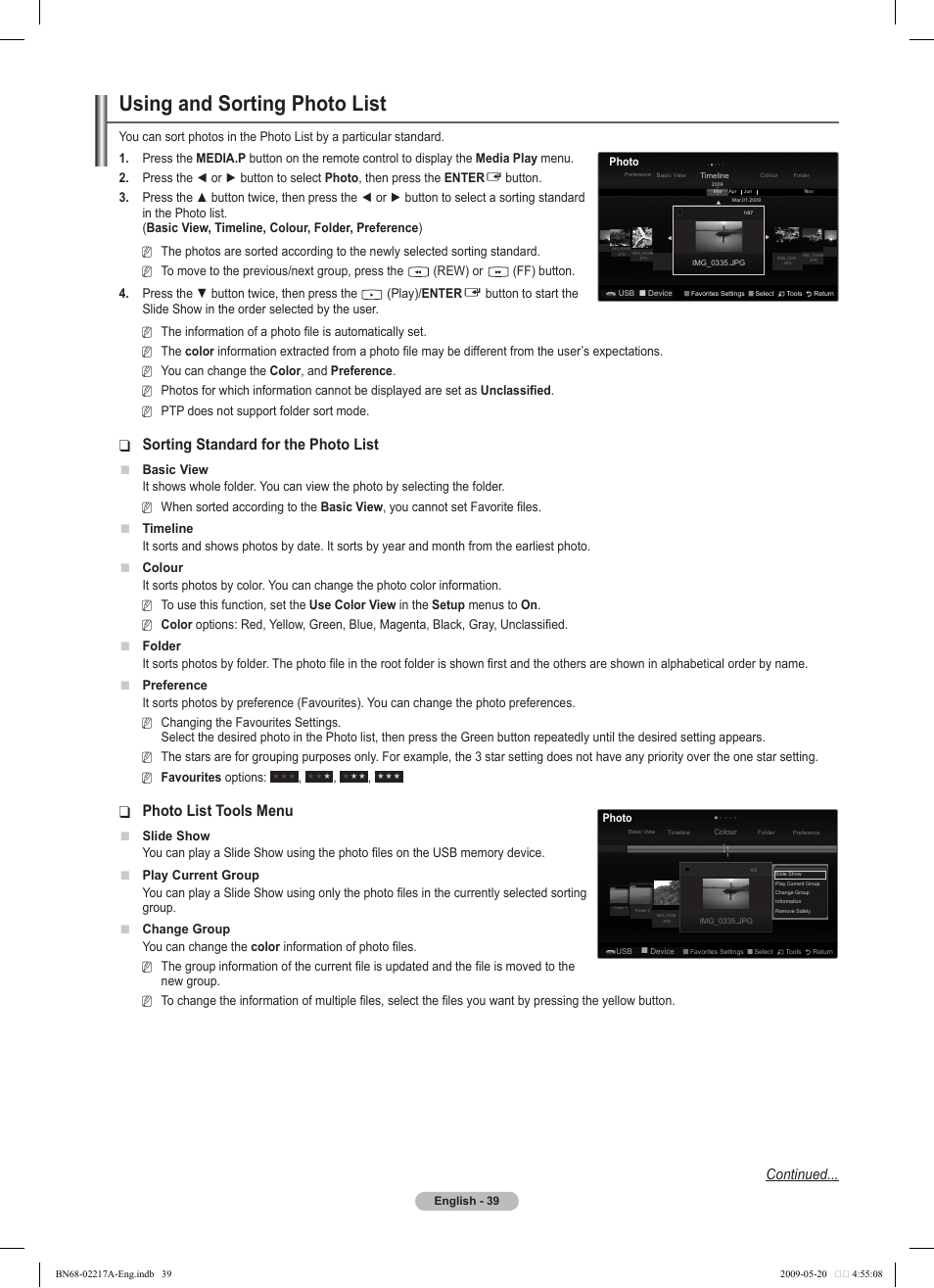 Using and sorting photo list, Sorting standard for the photo list, Photo list tools menu | Continued | Samsung PS50B679S1S User Manual | Page 39 / 339