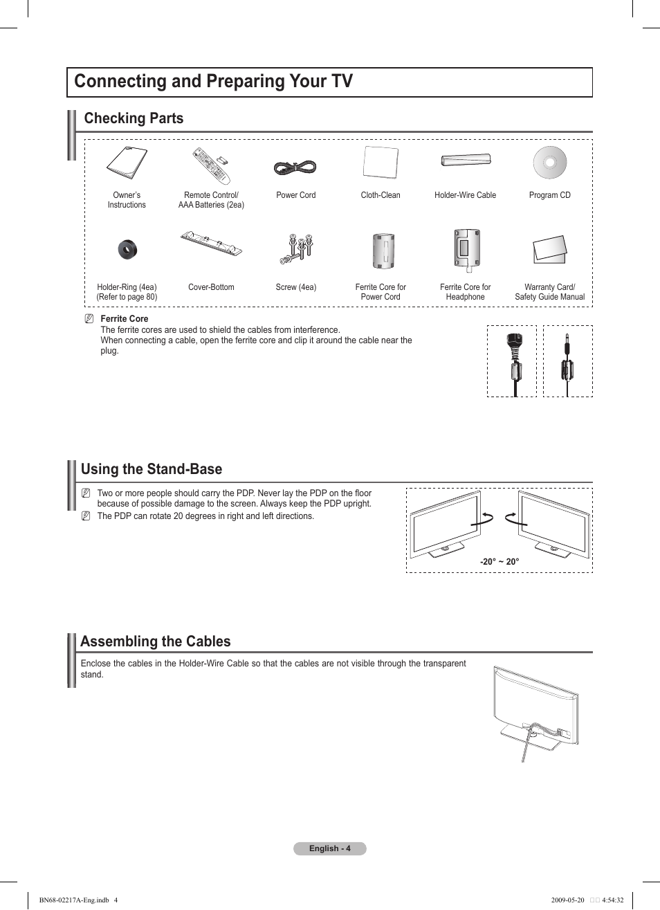 Connecting and preparing your tv, Assembling the cables, Using the stand-base | Checking parts | Samsung PS50B679S1S User Manual | Page 4 / 339