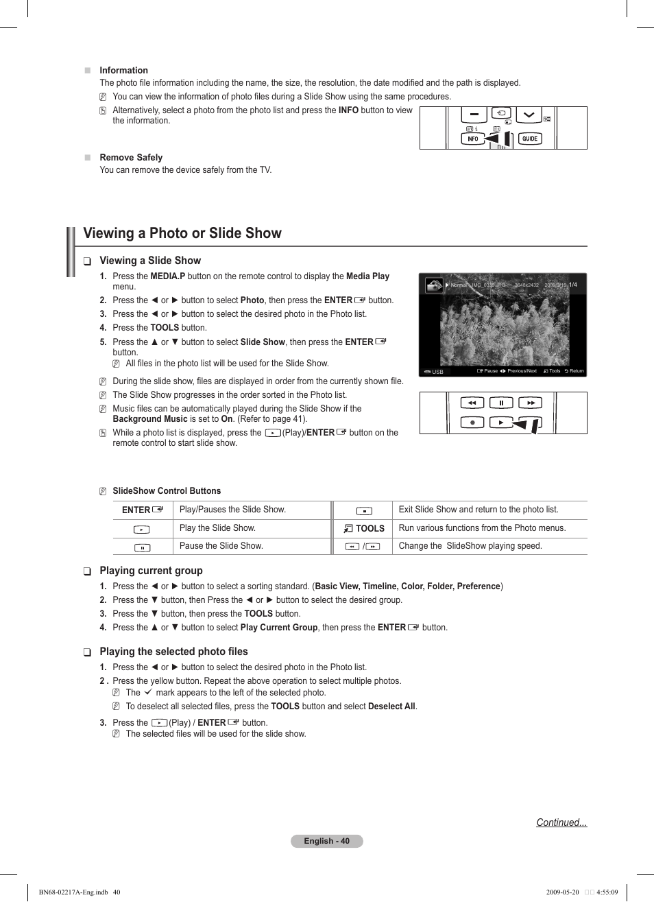 Viewing a photo or slide show, Viewing a slide show, Playing current group | Playing the selected photo files | Samsung PS50B679S1S User Manual | Page 40 / 339