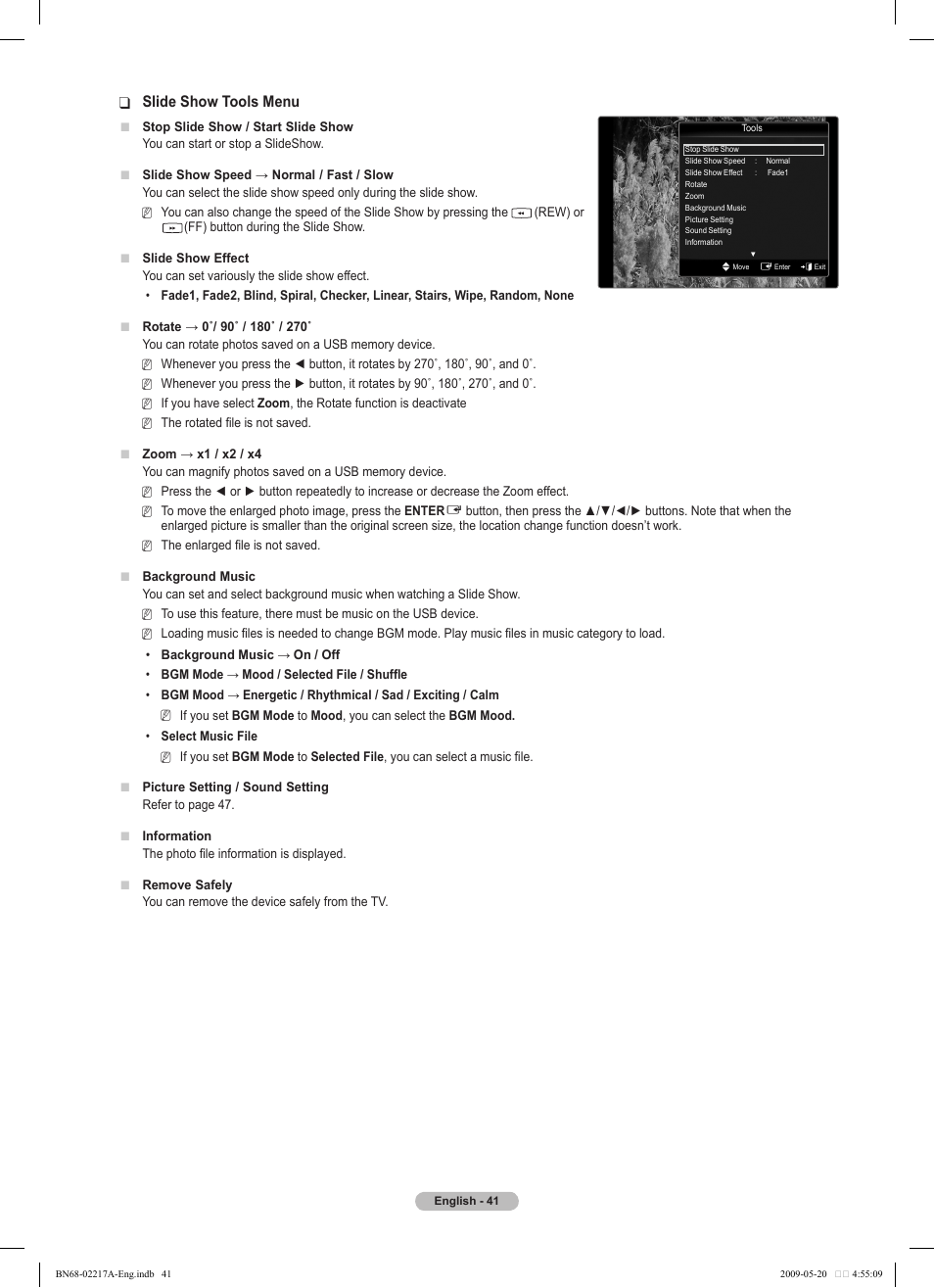 Slide show tools menu | Samsung PS50B679S1S User Manual | Page 41 / 339