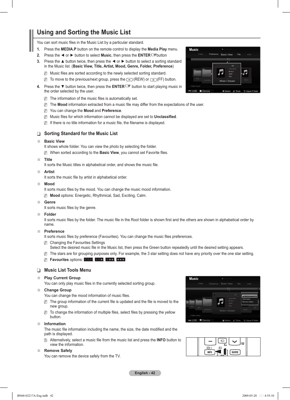 Using and sorting the music list, Sorting standard for the music list, Music list tools menu | Samsung PS50B679S1S User Manual | Page 42 / 339