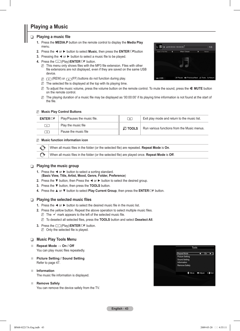 Playing a music, Playing a music file, Playing the music group | Playing the selected music files, Music play tools menu | Samsung PS50B679S1S User Manual | Page 43 / 339