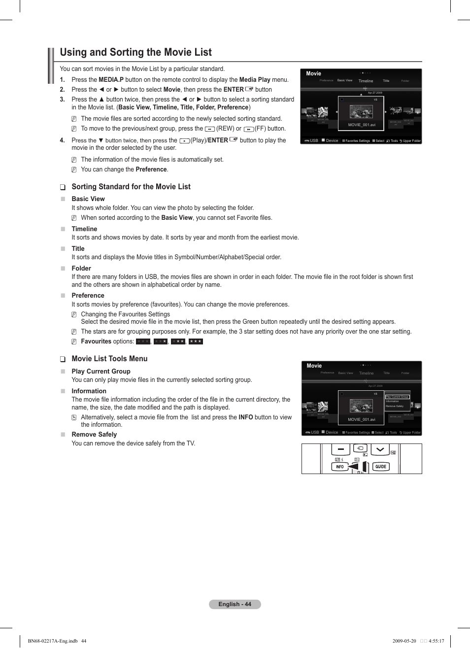 Using and sorting the movie list, Sorting standard for the movie list, Movie list tools menu | Samsung PS50B679S1S User Manual | Page 44 / 339