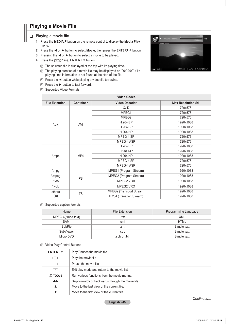 Playing a movie file | Samsung PS50B679S1S User Manual | Page 45 / 339