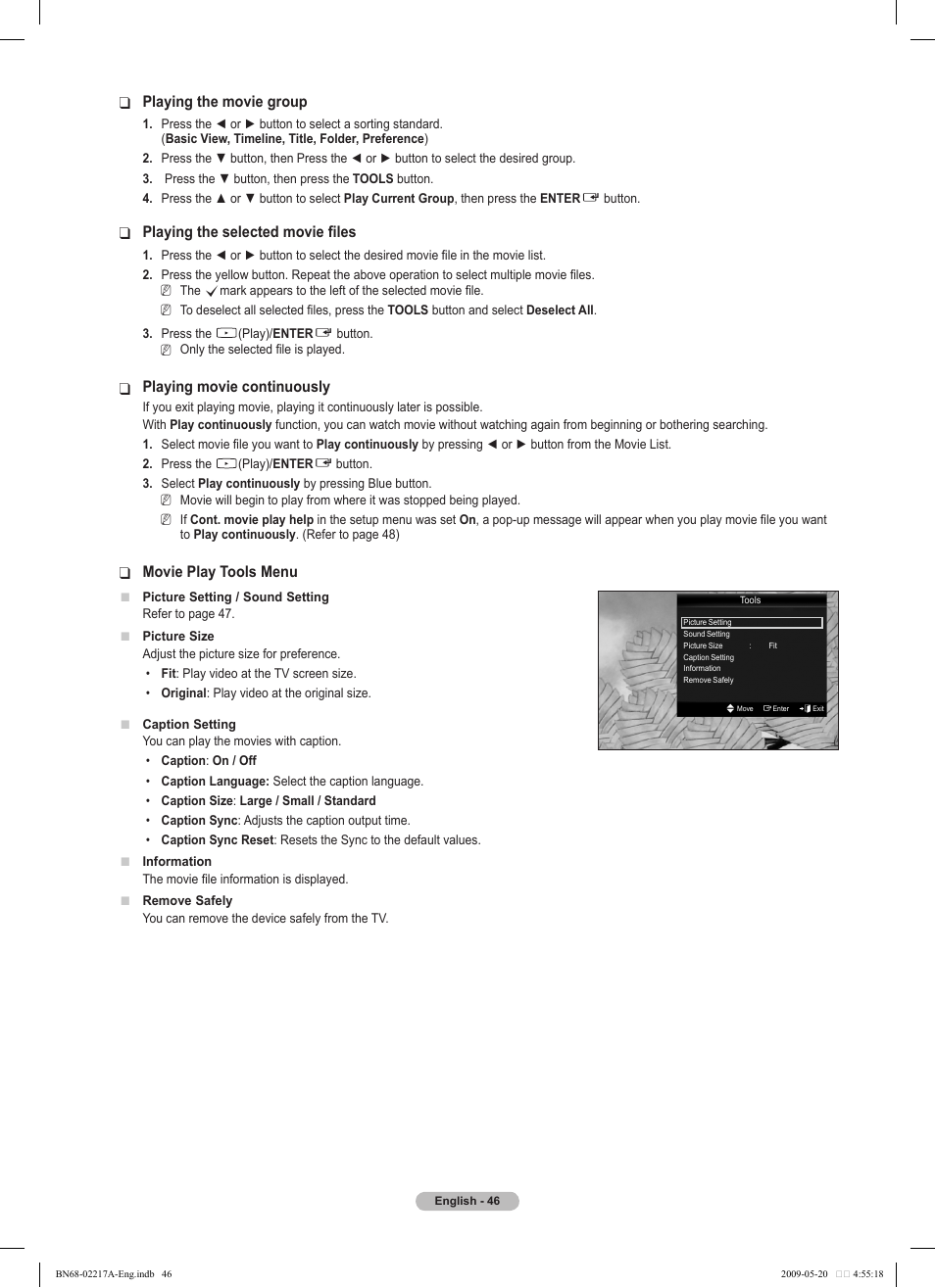 Playing the movie group, Playing the selected movie files, Playing movie continuously | Movie play tools menu | Samsung PS50B679S1S User Manual | Page 46 / 339