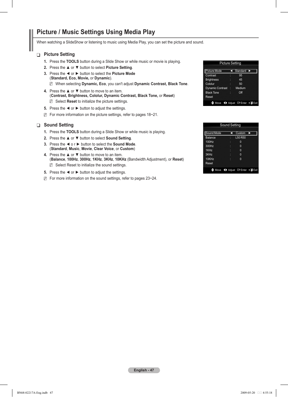 Picture / music settings using media play, Picture setting, Sound setting | Samsung PS50B679S1S User Manual | Page 47 / 339