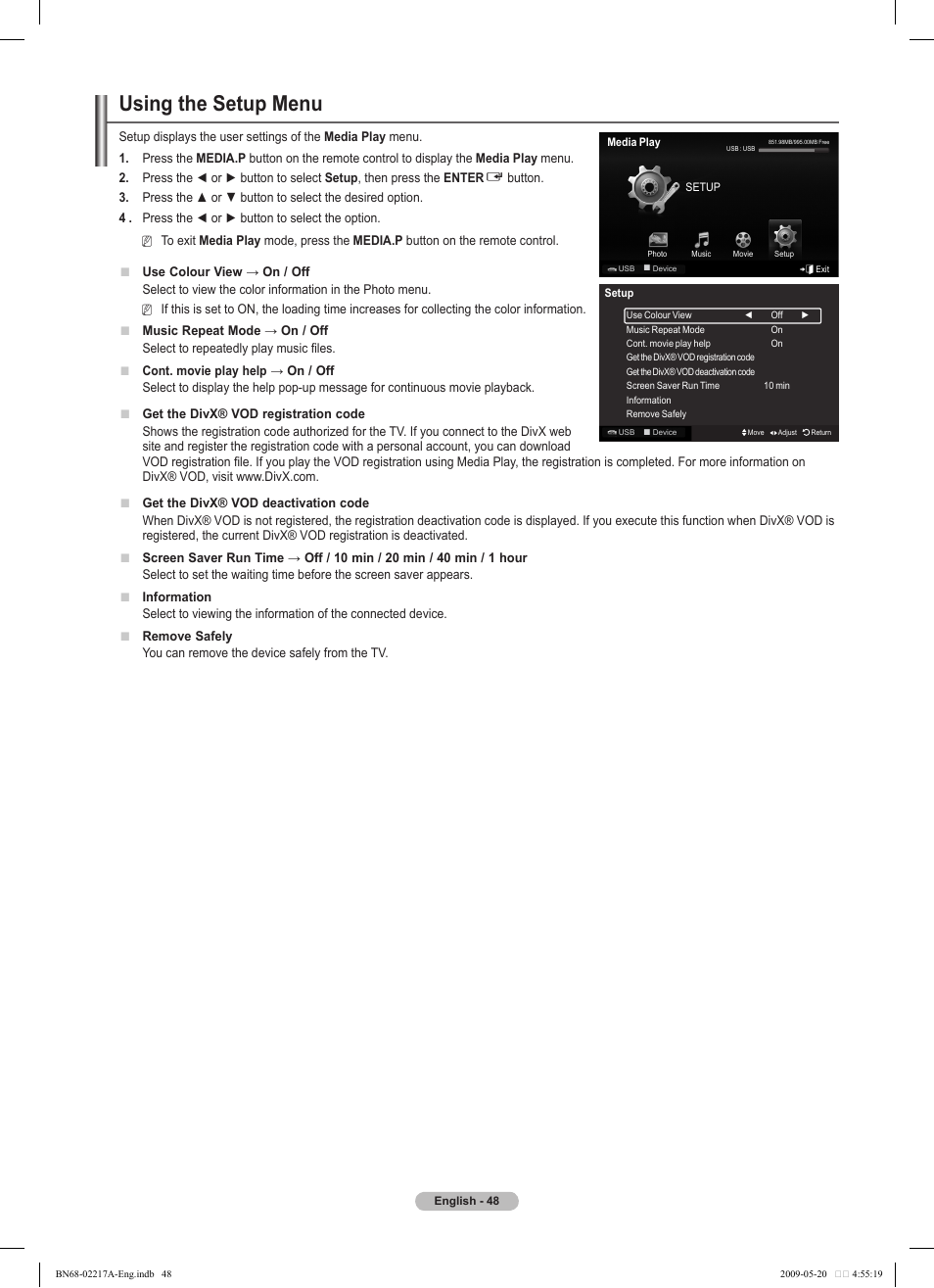 Using the setup menu | Samsung PS50B679S1S User Manual | Page 48 / 339
