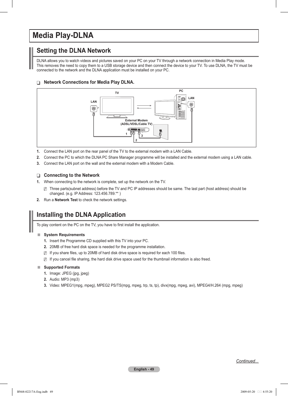 Media play-dlna, Setting the dlna network, Installing the dlna application | Samsung PS50B679S1S User Manual | Page 49 / 339
