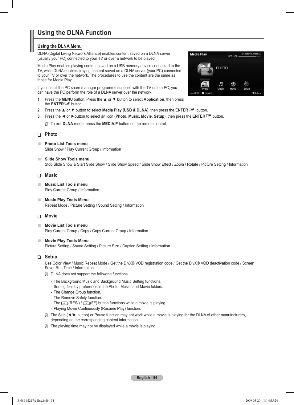 Using the dlna function, Photo, Music | Movie, Setup | Samsung PS50B679S1S User Manual | Page 54 / 339