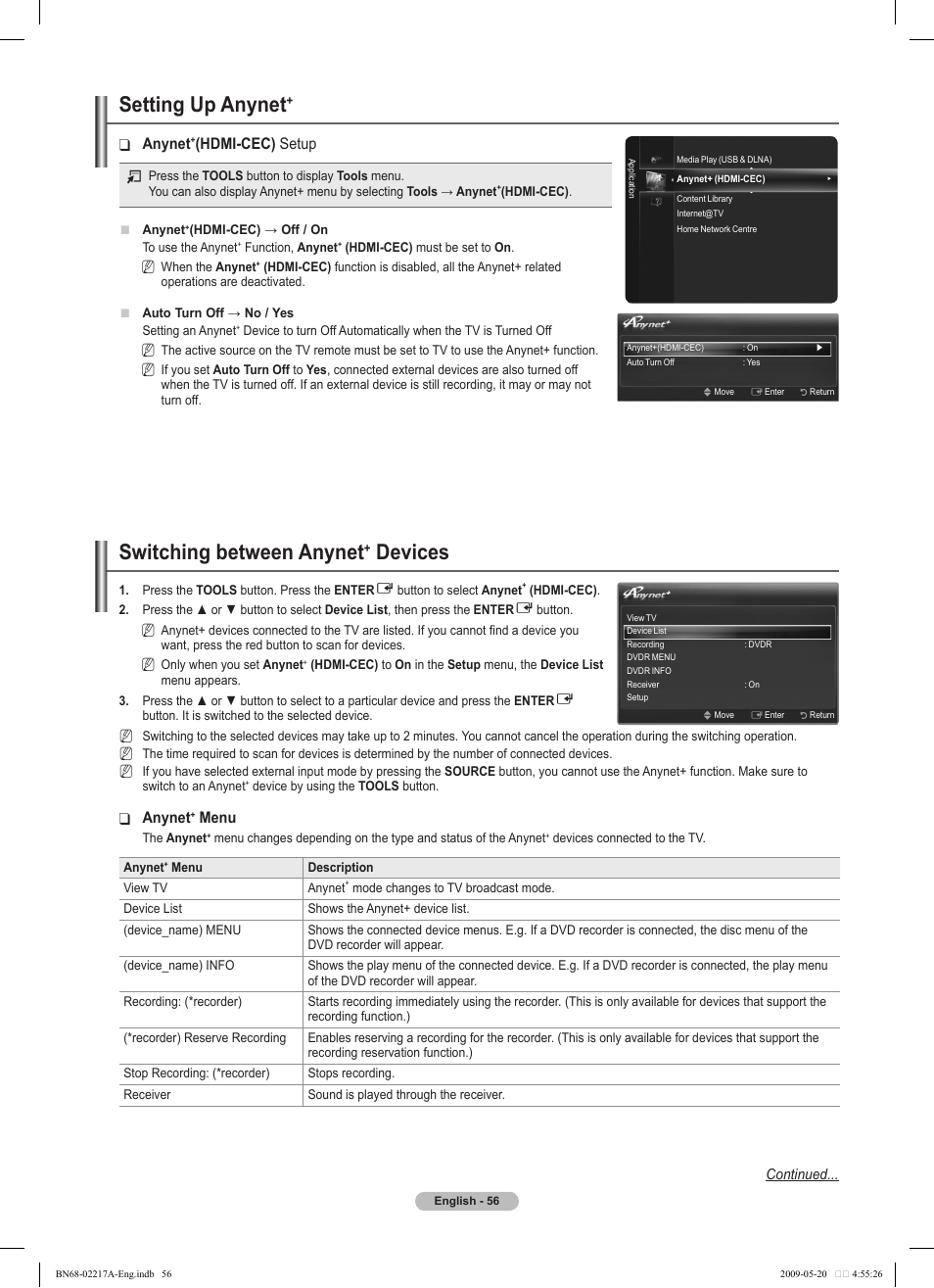 Setting up anynet, Switching between anynet, Devices | Anynet, Hdmi-cec) setup, Menu | Samsung PS50B679S1S User Manual | Page 56 / 339