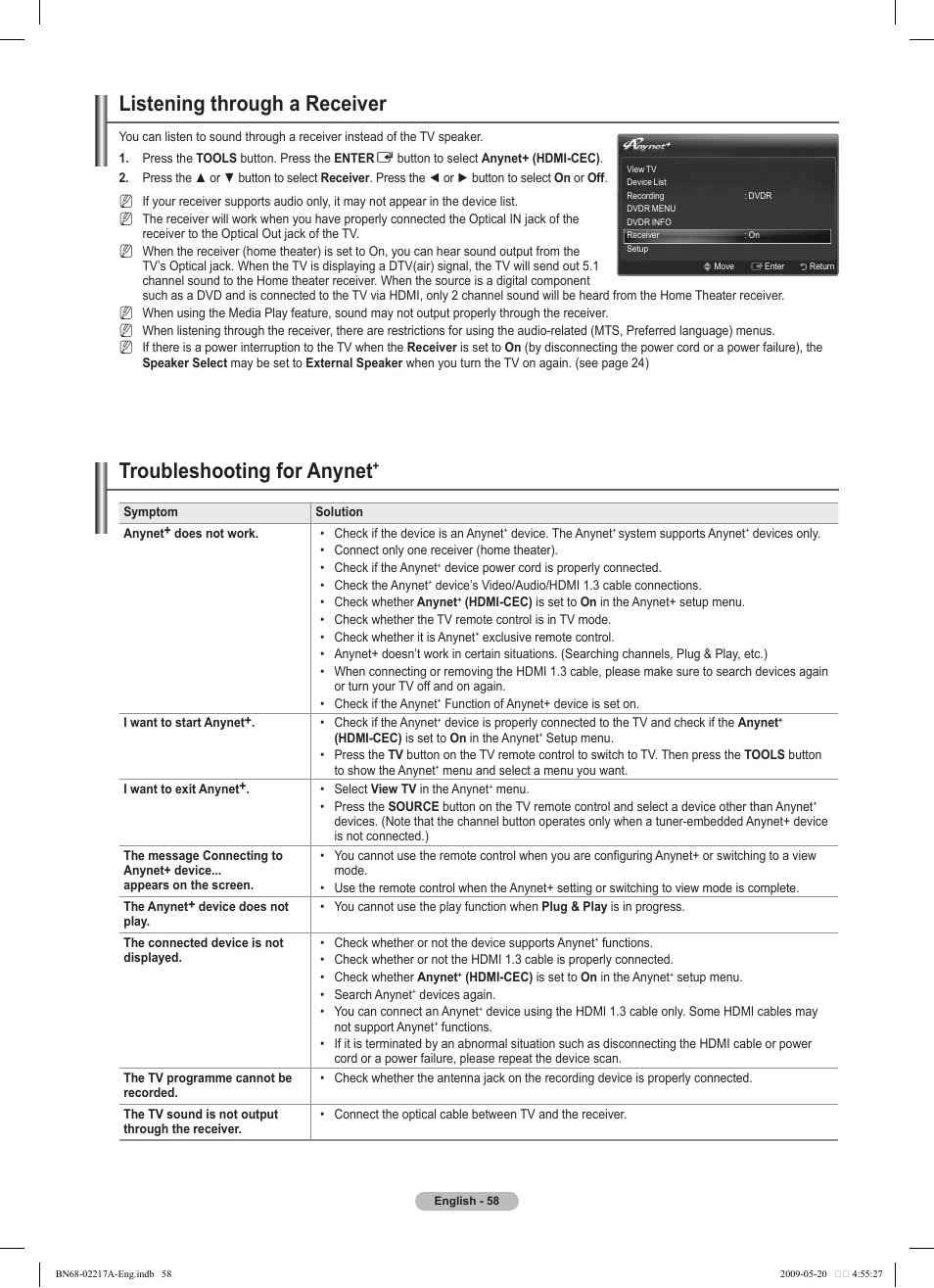 Listening through a receiver, Troubleshooting for anynet | Samsung PS50B679S1S User Manual | Page 58 / 339