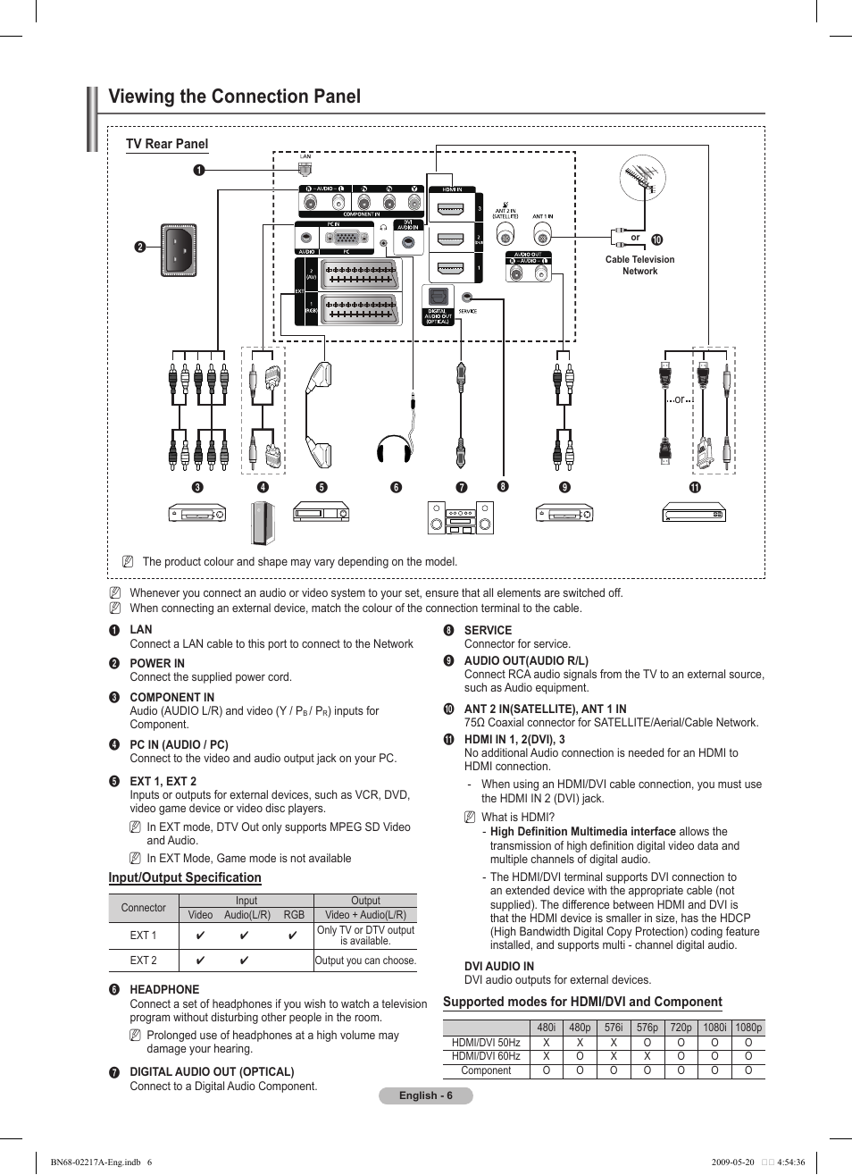 Viewing the connection panel | Samsung PS50B679S1S User Manual | Page 6 / 339