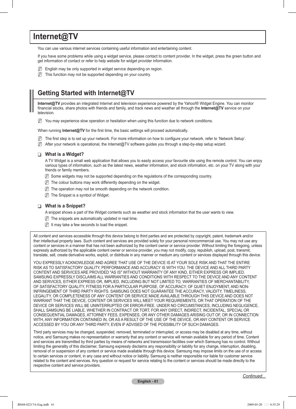Internet@tv, Getting started with internet@tv | Samsung PS50B679S1S User Manual | Page 61 / 339