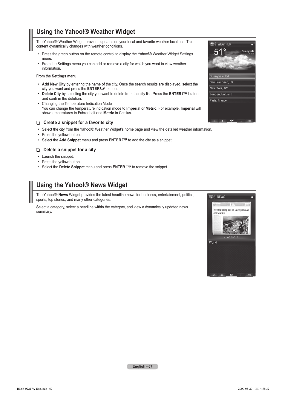 Using the yahoo!® weather widget, Using the yahoo!® news widget | Samsung PS50B679S1S User Manual | Page 67 / 339