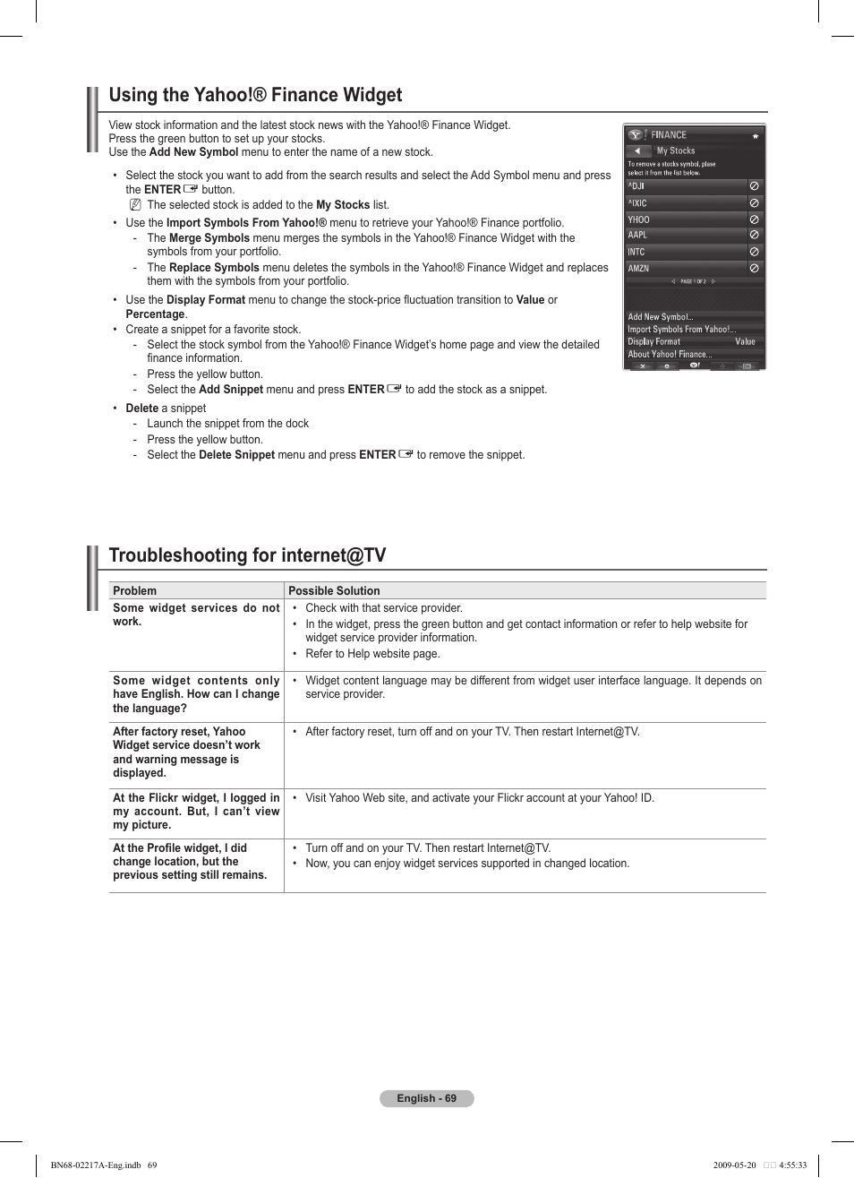 Using the yahoo!® finance widget, Troubleshooting for internet@tv | Samsung PS50B679S1S User Manual | Page 69 / 339