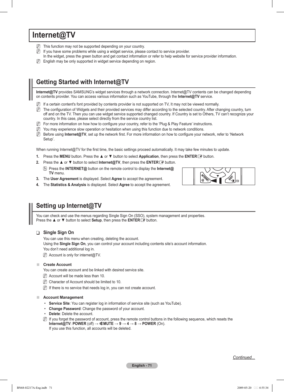 Internet@tv, Getting started with internet@tv, Setting up internet@tv | Samsung PS50B679S1S User Manual | Page 71 / 339