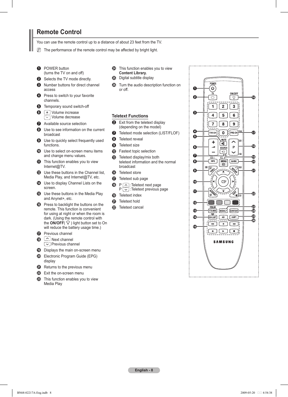 Remote control | Samsung PS50B679S1S User Manual | Page 8 / 339