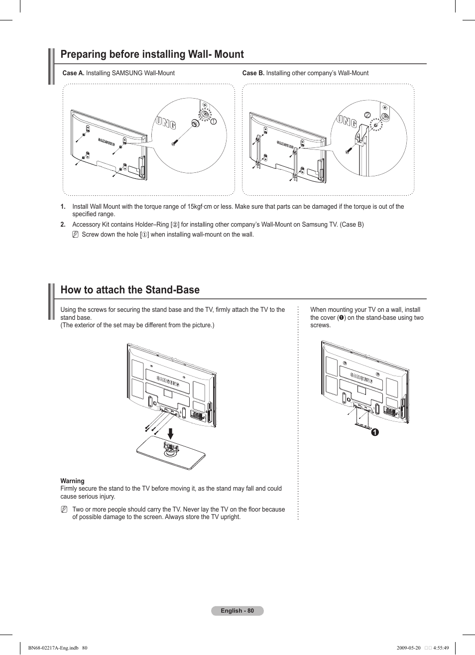 Preparing before installing wall- mount, How to attach the stand-base | Samsung PS50B679S1S User Manual | Page 80 / 339