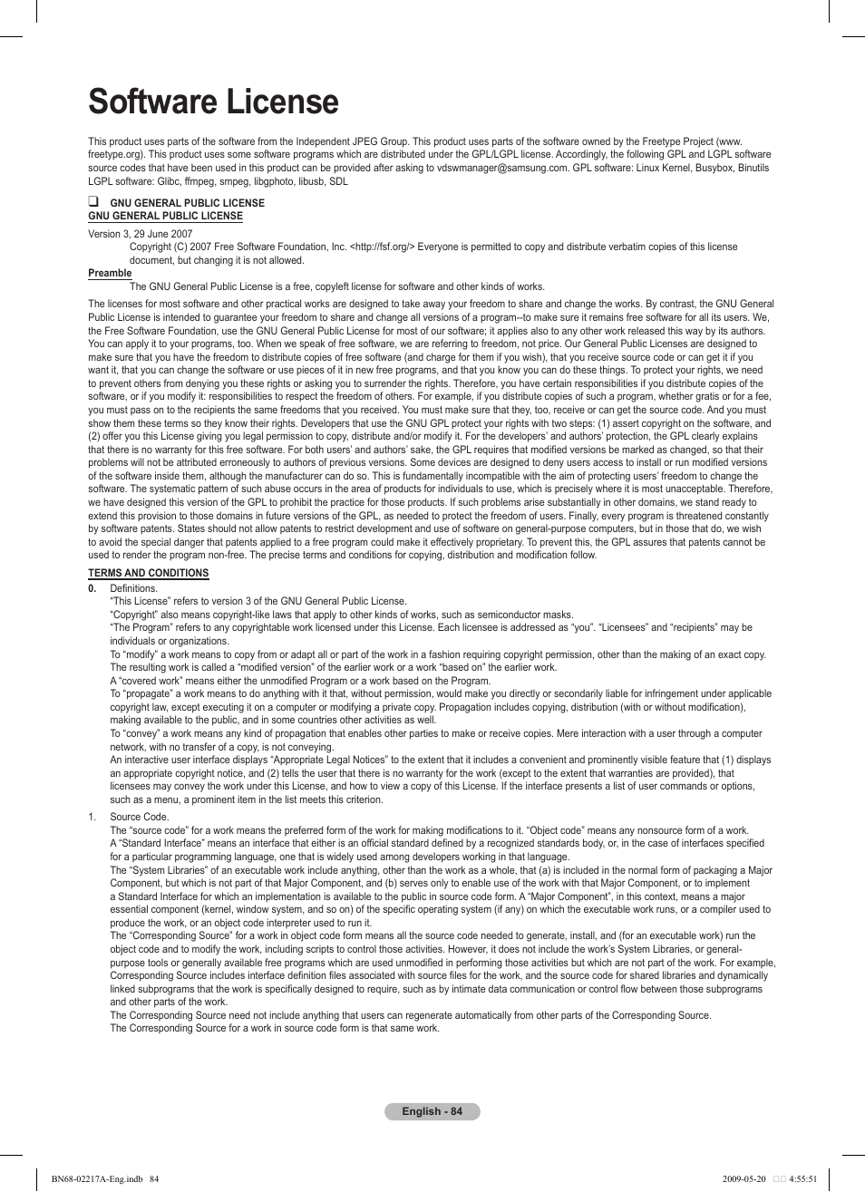 Software license | Samsung PS50B679S1S User Manual | Page 84 / 339