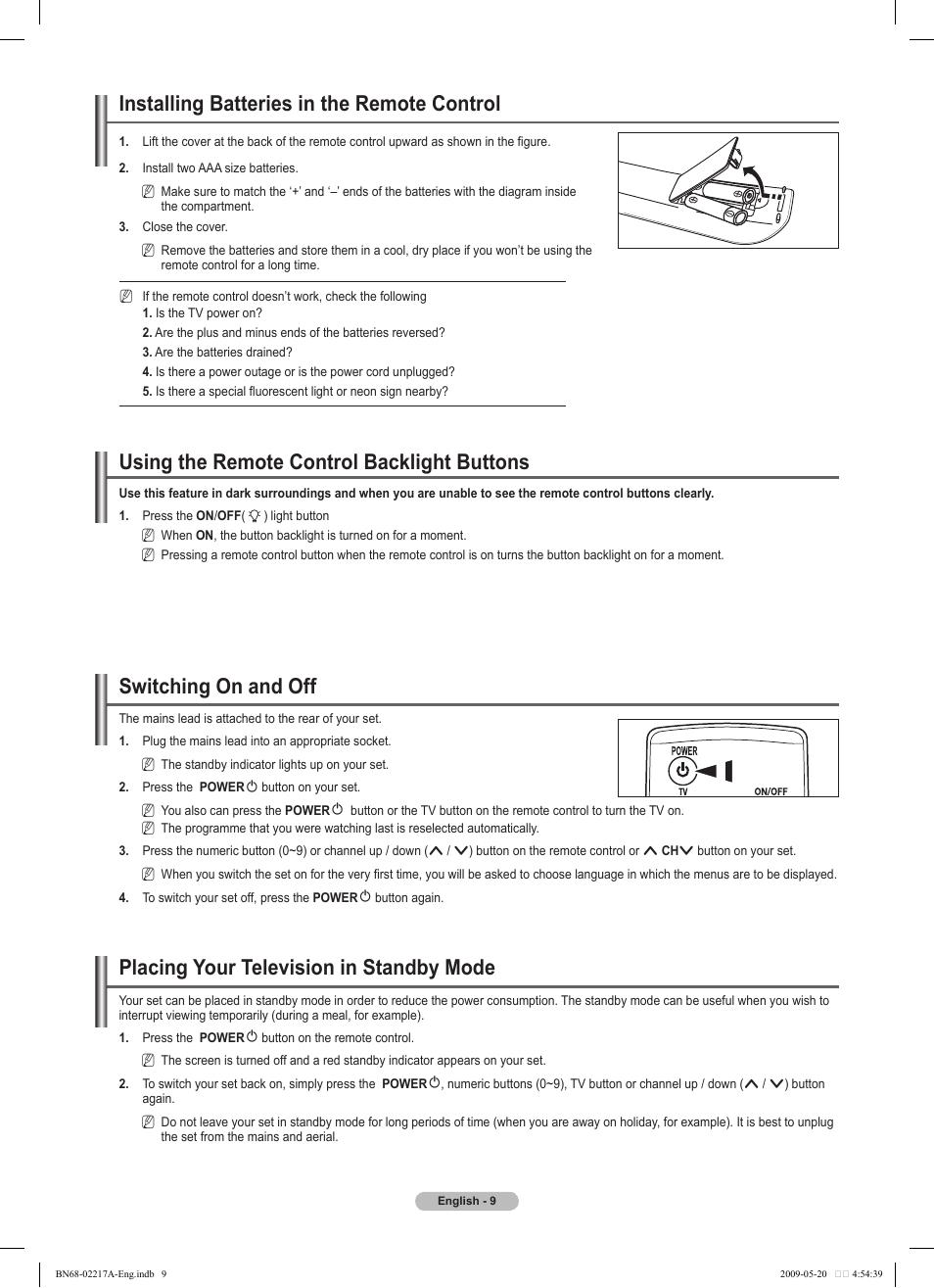 Installing batteries in the remote control, Using the remote control backlight buttons, Switching on and off | Placing your television in standby mode | Samsung PS50B679S1S User Manual | Page 9 / 339