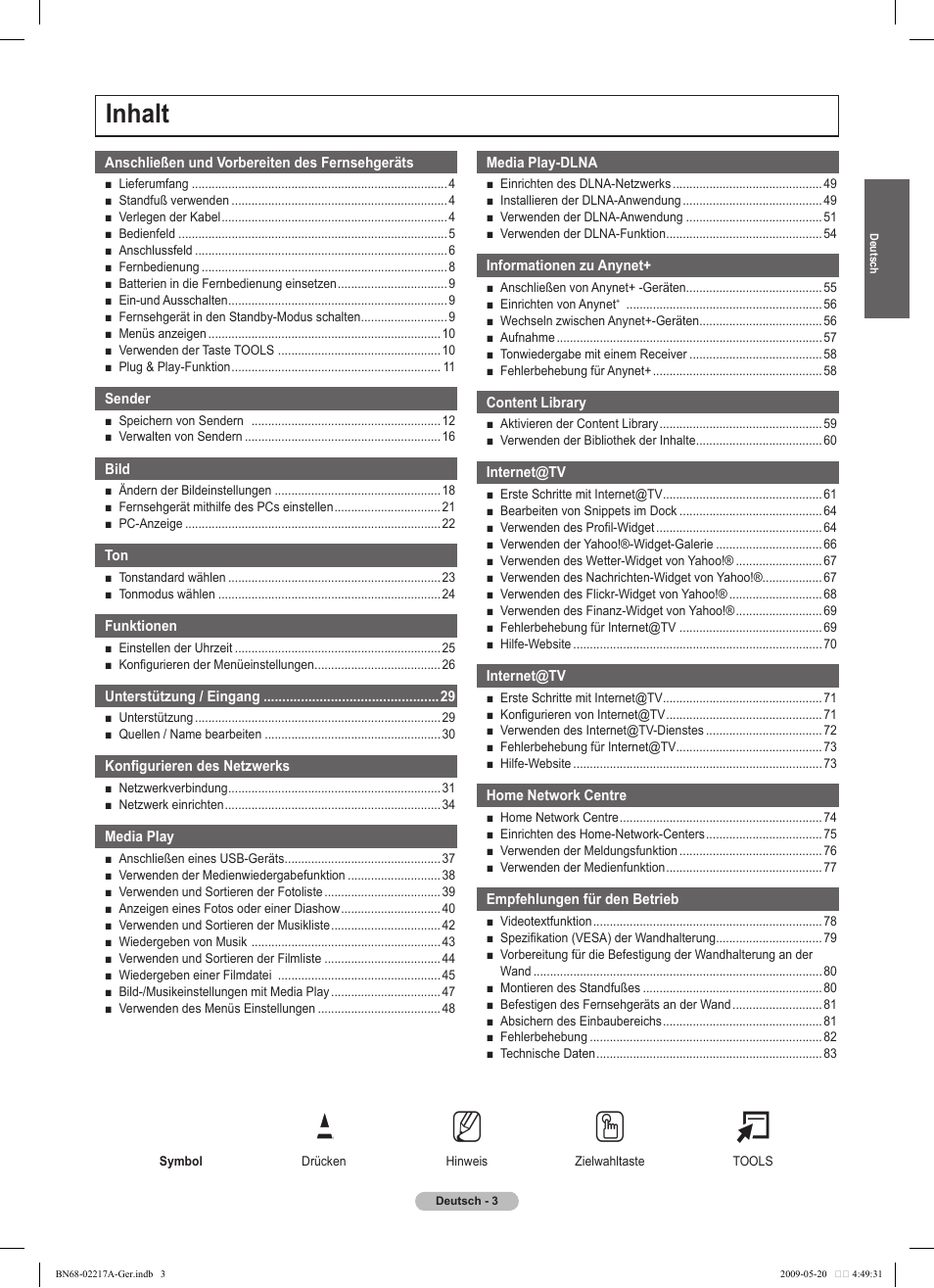 No t, Inhalt | Samsung PS50B679S1S User Manual | Page 94 / 339