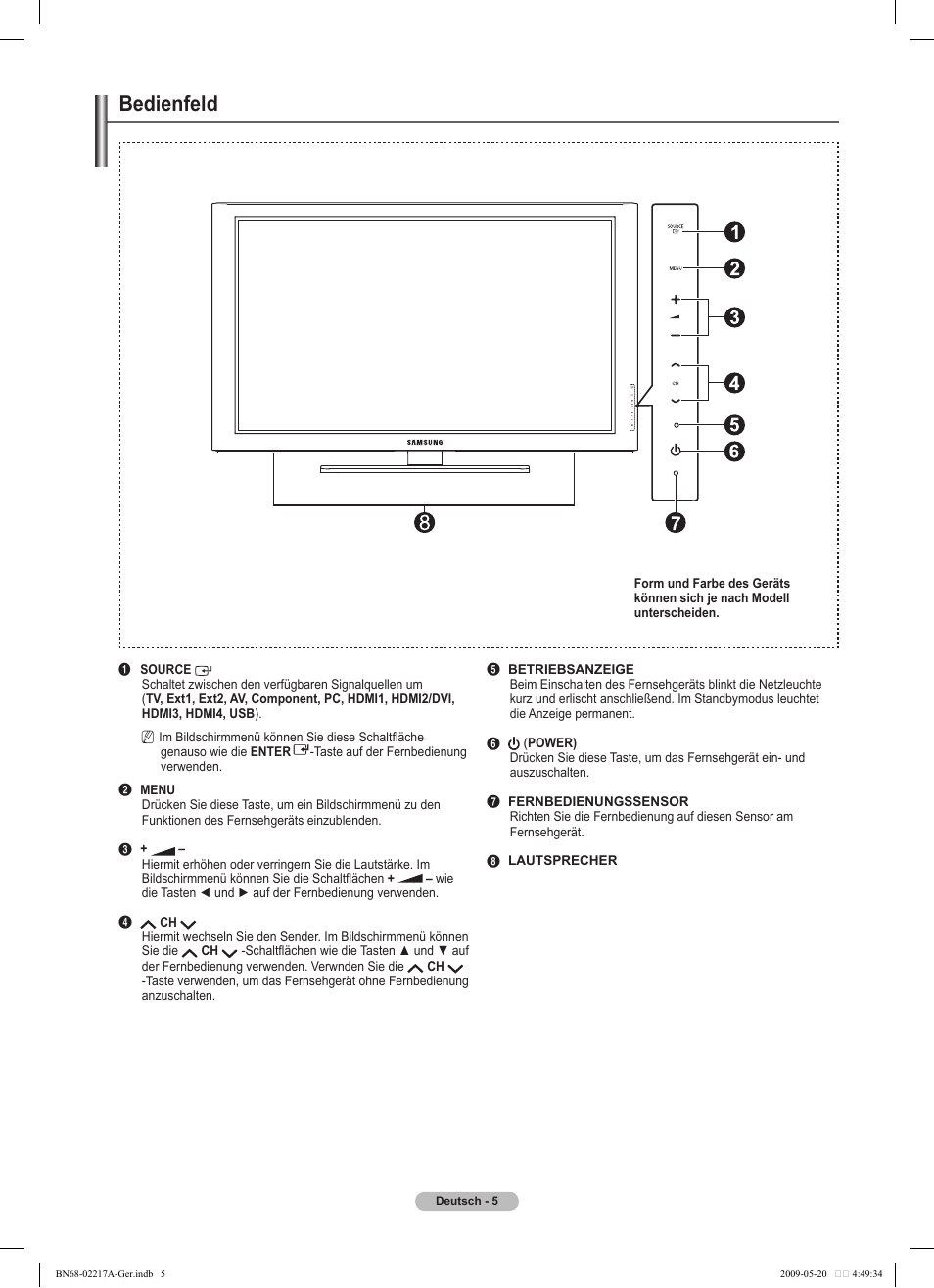 Bedienfeld | Samsung PS50B679S1S User Manual | Page 96 / 339