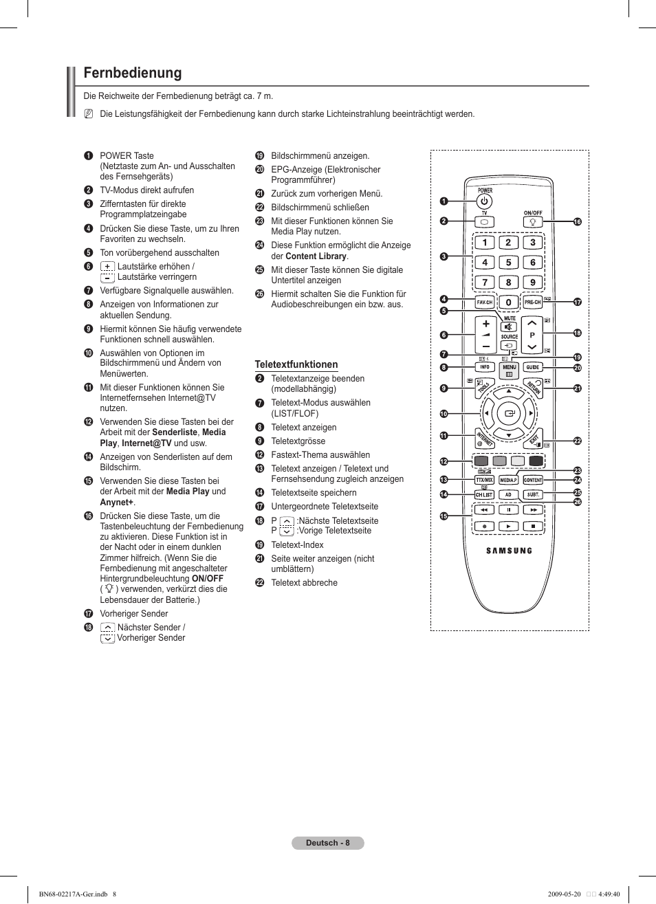 Fernbedienung | Samsung PS50B679S1S User Manual | Page 99 / 339