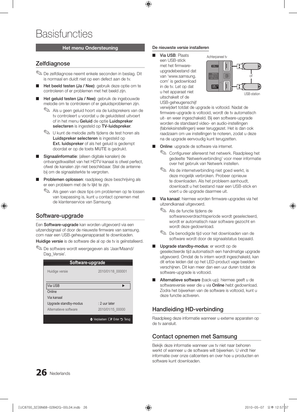 Basisfuncties, Zelfdiagnose, Software-upgrade | Handleiding hd-verbinding, Contact opnemen met samsung | Samsung UE32C8700XS User Manual | Page 212 / 249