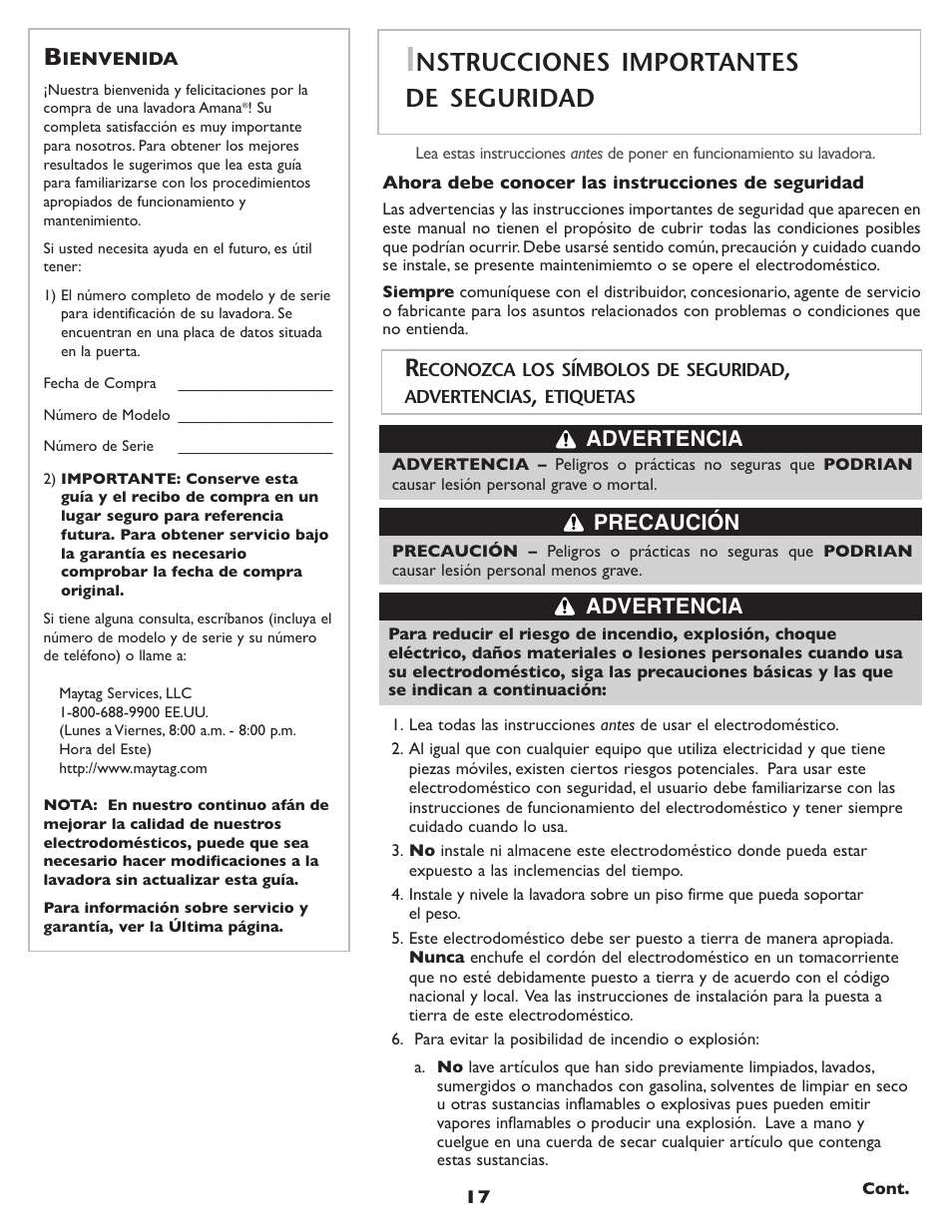 Nstrucciones importantes de seguridad, Advertencia, Advertencia precaución | Amana NAH6800 User Manual | Page 18 / 32