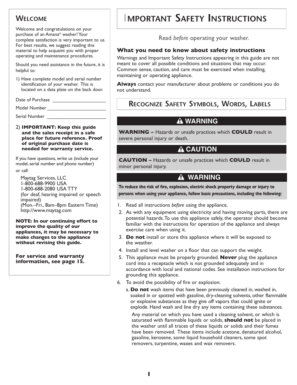 Mportant, Afety, Nstructions | Amana NAH6800 User Manual | Page 2 / 32